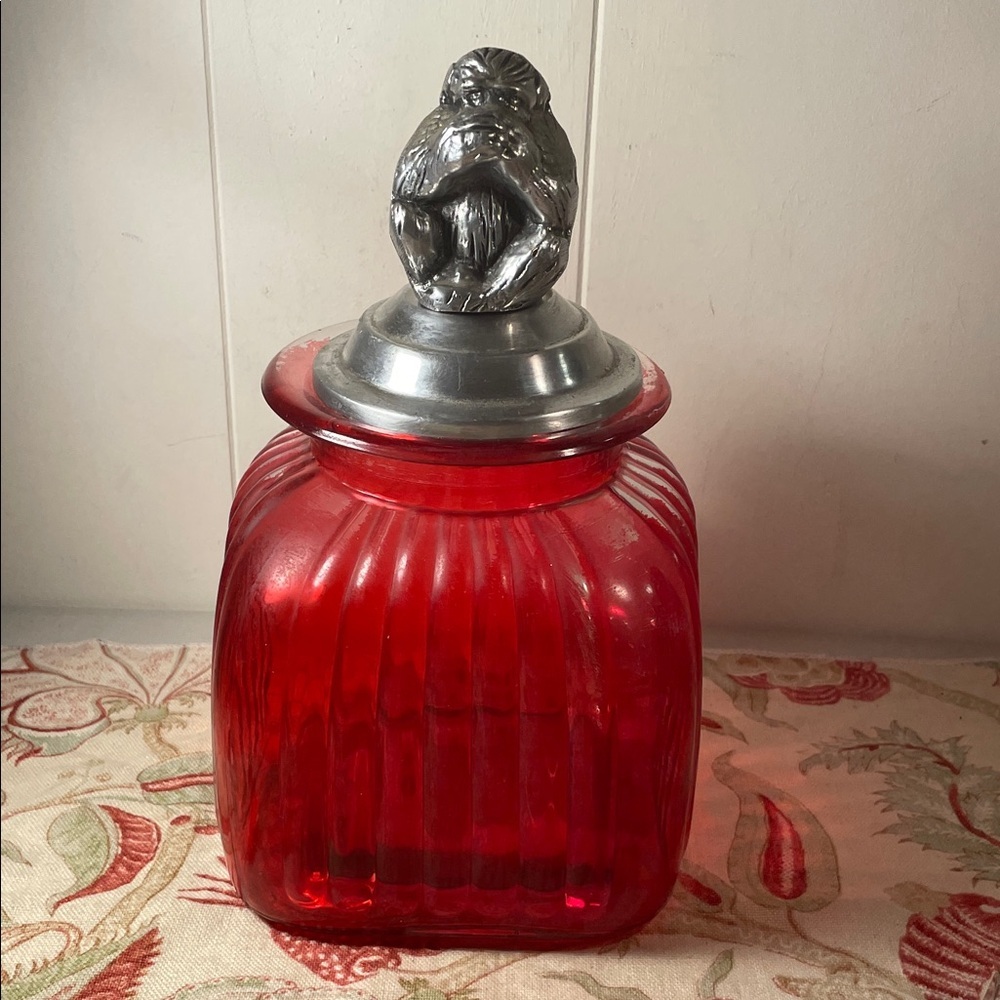 Ruby Red Ribbed Glass Apothecary Canister Silver Heavy Fresh Monkey  Lid